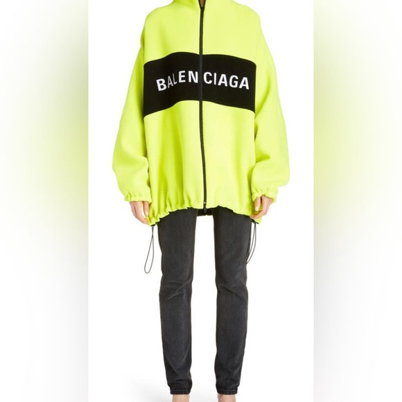 NWT Balenciaga Logo Yellow Fluo Wool Oversized Jacket Drawcord Hem 571439 - Picture 9 of 16